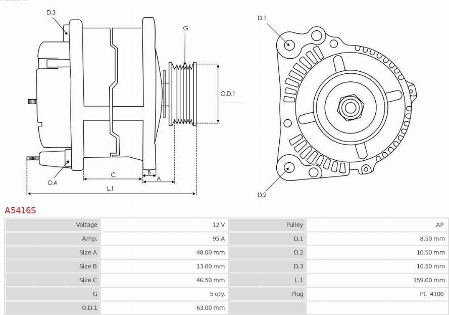 AS-PL A5416S - ALTERNATOR MITSUBISHI. COLT 1.1. COLT 1.1 LPG. COLT 1.3