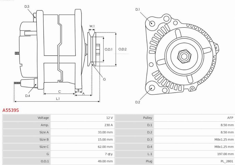AS-PL A5539S - ALTERNATOR FIAT. TALENTO. RENAULT TRAFFIC III. NISSAN NV 300 16-