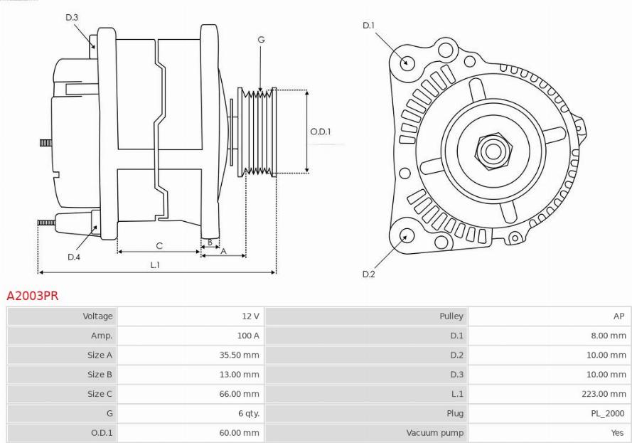 AS-PL A2003PR - ALTERNATOR HONDA CIVIC 1.7 02-05    100A