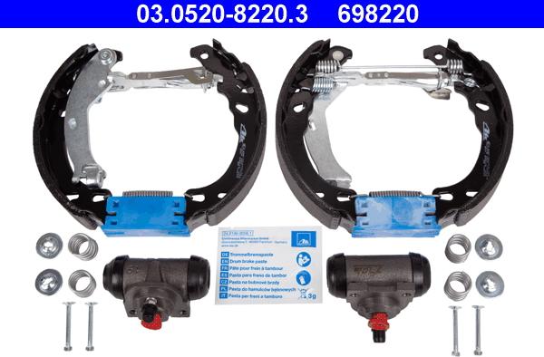 ATE 03.0520-8220.3 - ZESTAW SZCZĘK HAM. FIAT PANDA-500 0.9-1.4 03-10 KPL. Z CYLINDERKAMI