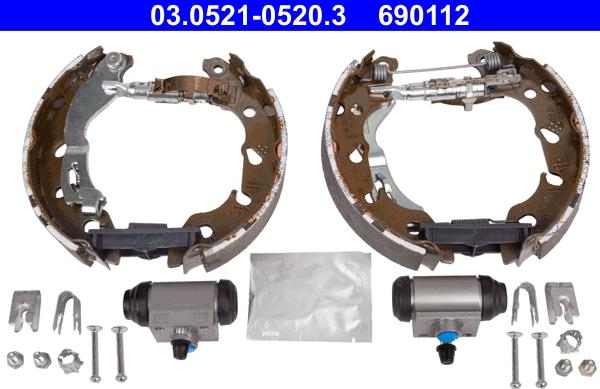 ATE 03.0521-0520.3 - ZESTAW SZCZĘK HAM. FIAT PANDA-500 0.9-1.2-1.3 D 10- KPL. Z CYLINDERKAMI