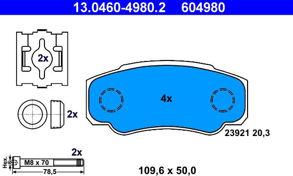 ATE 13.0460-4980.2 — Zestaw klocków hamulcowych, hamulce tarczowe