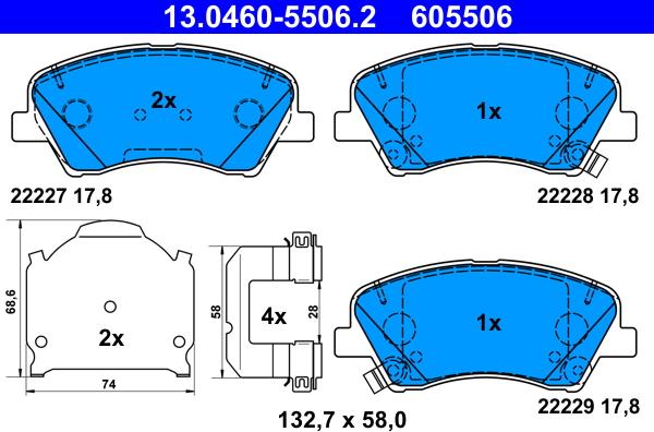 ATE 13.0460-5506.2 — Zestaw klocków hamulcowych, hamulce tarczowe