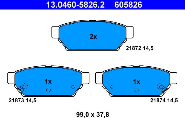 ATE 13.0460-5826.2 — Zestaw klocków hamulcowych, hamulce tarczowe