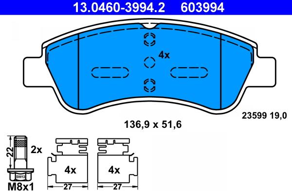 ATE 13.0460-3994.2 — Zestaw klocków hamulcowych, hamulce tarczowe
