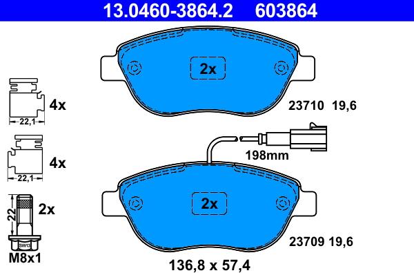 ATE 13.0460-3864.2 — Zestaw klocków hamulcowych, hamulce tarczowe