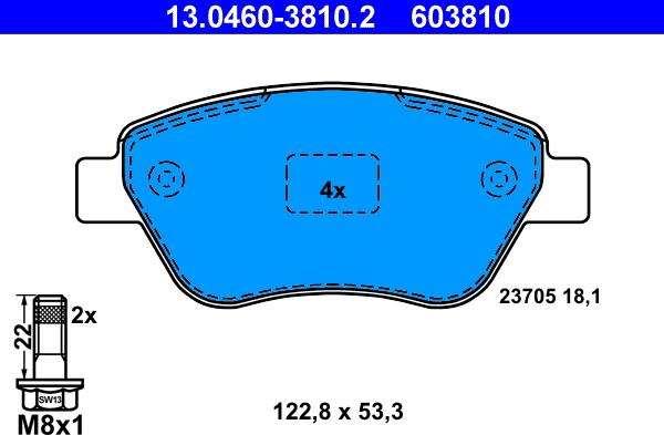 ATE 13.0460-3810.2 — Zestaw klocków hamulcowych, hamulce tarczowe