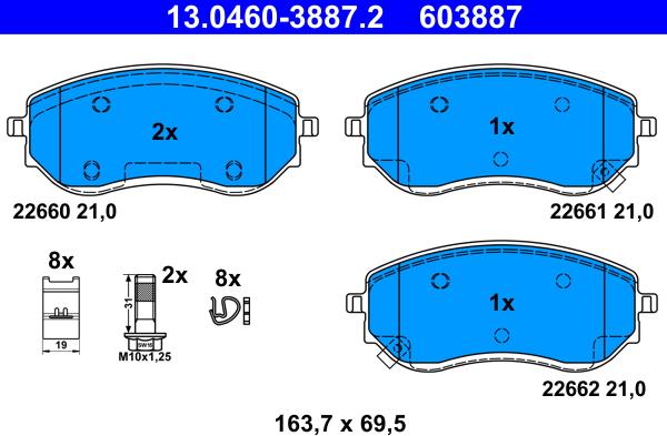 ATE 13.0460-3887.2 — Zestaw klocków hamulcowych, hamulce tarczowe