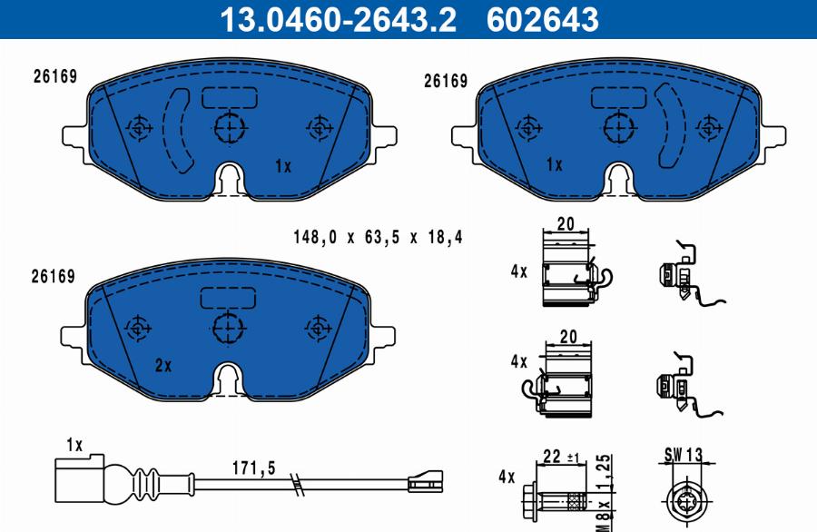 ATE 13.0460-2643.2 — Zestaw klocków hamulcowych, hamulce tarczowe