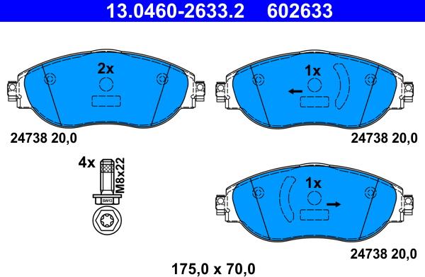 ATE 13.0460-2633.2 — Zestaw klocków hamulcowych, hamulce tarczowe