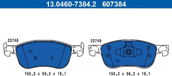 ATE 13.0460-7384.2 — Zestaw klocków hamulcowych, hamulce tarczowe