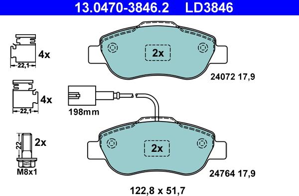 ATE 13.0470-3846.2 — Zestaw klocków hamulcowych, hamulce tarczowe