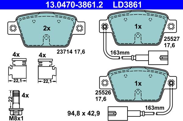 ATE 13.0470-3861.2 — Zestaw klocków hamulcowych, hamulce tarczowe