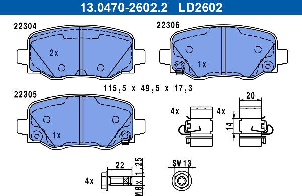 ATE 13.0470-2602.2 — Zestaw klocków hamulcowych, hamulce tarczowe
