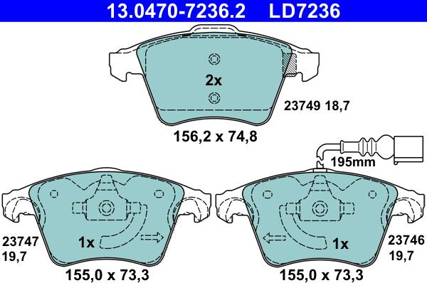 ATE 13.0470-7236.2 — Zestaw klocków hamulcowych, hamulce tarczowe