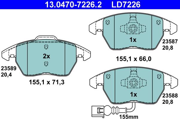 ATE 13.0470-7226.2 - KLOCKI HAM. VW P. CC-GOLF-JETTA-PASSAT-TOURAN 03- KLOCEK ZEW 155MM!!!CERAMIC