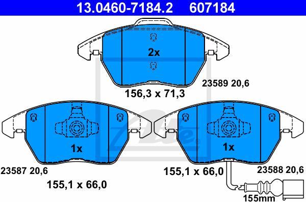 ATE 13.0460-7184.2 - KLOCKI HAM. VW P. CC-EOS-GOLF-JETTA-PASSAT-POLO 03- KLOCEK ZEW 156MM!!!! Z CZUJNIKIEM