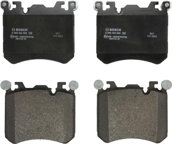 BOSCH 0 986 494 982 — Zestaw klocków hamulcowych, hamulce tarczowe