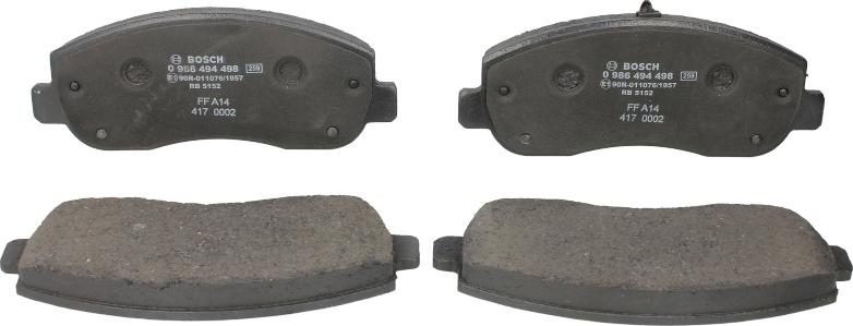 BOSCH 0 986 494 498 — Zestaw klocków hamulcowych, hamulce tarczowe