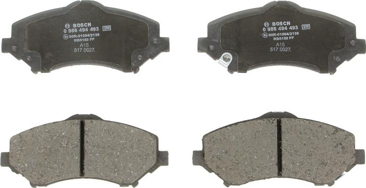 BOSCH 0 986 494 493 — Zestaw klocków hamulcowych, hamulce tarczowe