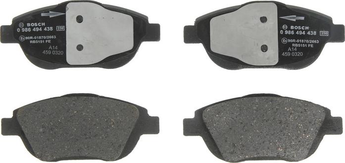 BOSCH 0 986 494 438 — Zestaw klocków hamulcowych, hamulce tarczowe