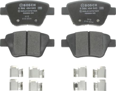 BOSCH 0 986 494 643 — Zestaw klocków hamulcowych, hamulce tarczowe
