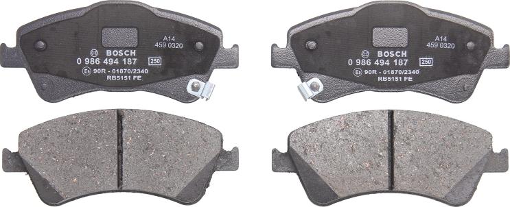 BOSCH 0 986 494 187 — Zestaw klocków hamulcowych, hamulce tarczowe