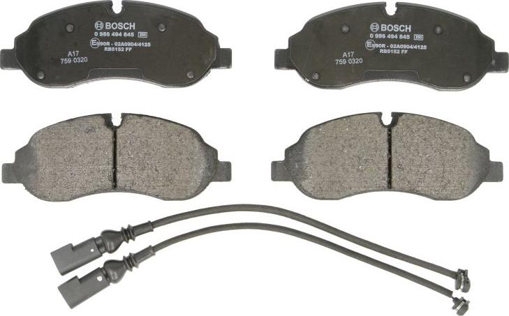 BOSCH 0 986 494 845 — Zestaw klocków hamulcowych, hamulce tarczowe