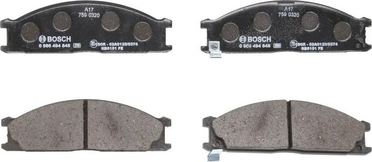 BOSCH 0 986 494 848 — Zestaw klocków hamulcowych, hamulce tarczowe