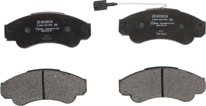 BOSCH 0 986 494 850 — Zestaw klocków hamulcowych, hamulce tarczowe