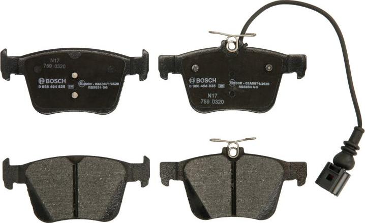 BOSCH 0 986 494 835 — Zestaw klocków hamulcowych, hamulce tarczowe