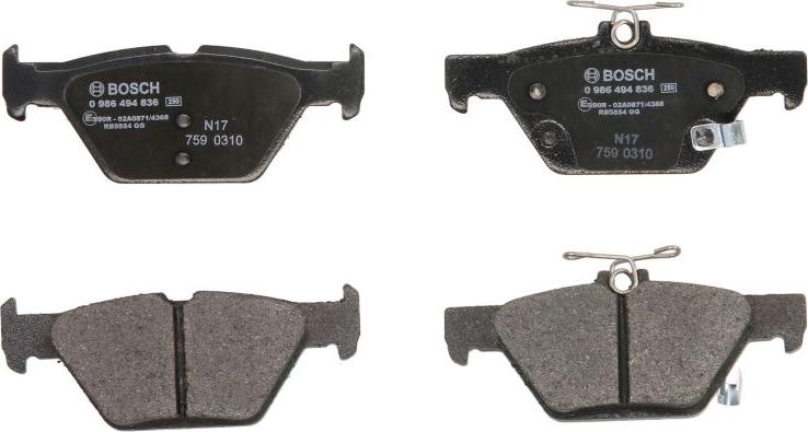 BOSCH 0 986 494 836 — Zestaw klocków hamulcowych, hamulce tarczowe
