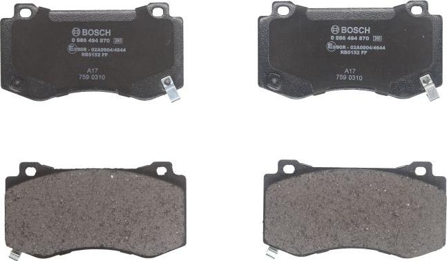 BOSCH 0 986 494 870 — Zestaw klocków hamulcowych, hamulce tarczowe