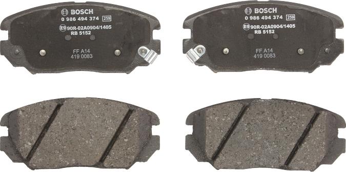 BOSCH 0 986 494 374 — Zestaw klocków hamulcowych, hamulce tarczowe