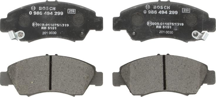 BOSCH 0 986 494 299 — Zestaw klocków hamulcowych, hamulce tarczowe
