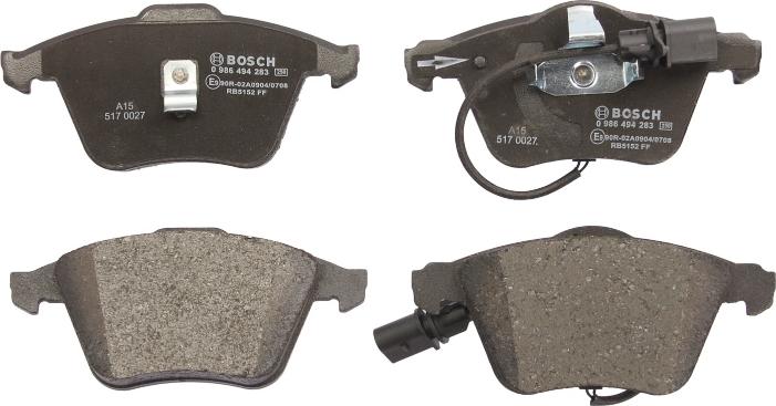 BOSCH 0 986 494 283 — Zestaw klocków hamulcowych, hamulce tarczowe