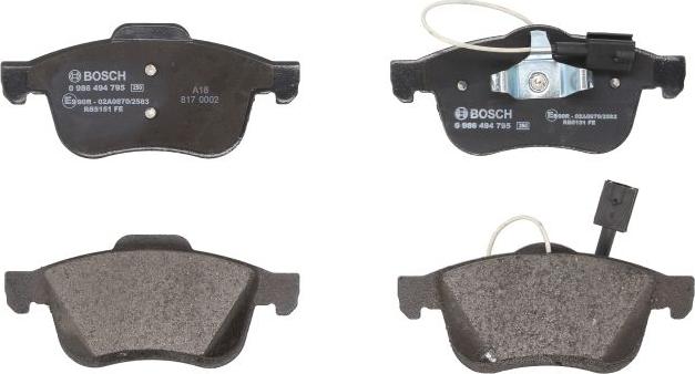 BOSCH 0 986 494 795 — Zestaw klocków hamulcowych, hamulce tarczowe