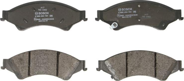 BOSCH 0 986 494 791 — Zestaw klocków hamulcowych, hamulce tarczowe
