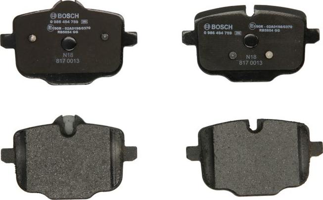 BOSCH 0 986 494 759 — Zestaw klocków hamulcowych, hamulce tarczowe