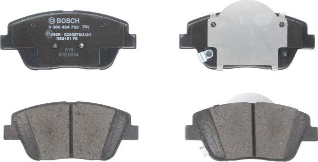 BOSCH 0 986 494 755 — Zestaw klocków hamulcowych, hamulce tarczowe