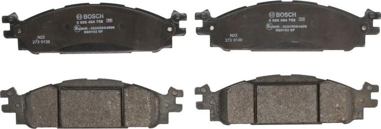 BOSCH 0 986 494 758 — Zestaw klocków hamulcowych, hamulce tarczowe