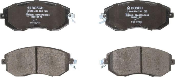 BOSCH 0 986 494 761 — Zestaw klocków hamulcowych, hamulce tarczowe