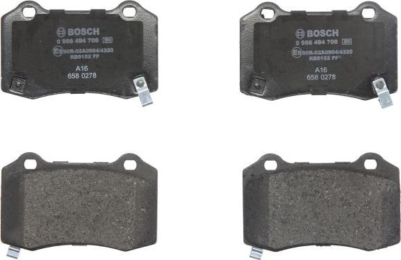 BOSCH 0 986 494 708 — Zestaw klocków hamulcowych, hamulce tarczowe