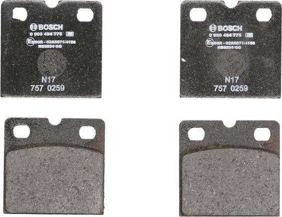 BOSCH 0 986 494 775 — Zestaw klocków hamulcowych, hamulce tarczowe
