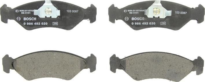 BOSCH 0 986 492 020 — Zestaw klocków hamulcowych, hamulce tarczowe