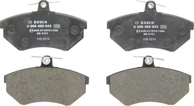 BOSCH 0 986 460 943 — Zestaw klocków hamulcowych, hamulce tarczowe