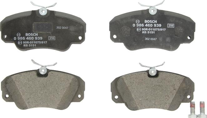 BOSCH 0 986 460 939 — Zestaw klocków hamulcowych, hamulce tarczowe
