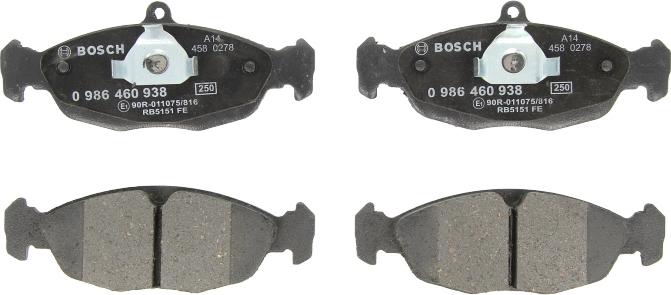 BOSCH 0 986 460 938 — Zestaw klocków hamulcowych, hamulce tarczowe