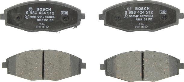 BOSCH 0 986 424 512 — Zestaw klocków hamulcowych, hamulce tarczowe