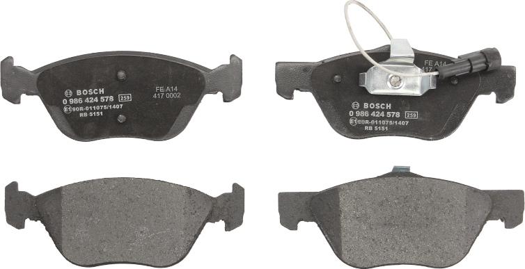 BOSCH 0 986 424 578 — Zestaw klocków hamulcowych, hamulce tarczowe